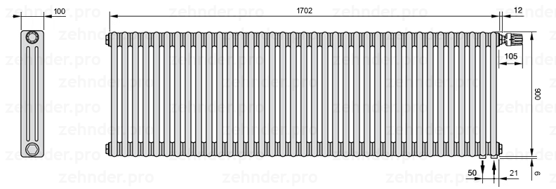 Схема (чертеж) Радиатор Zehnder Charleston 3090/37 №V002 Белый глянцевый RAL 9016